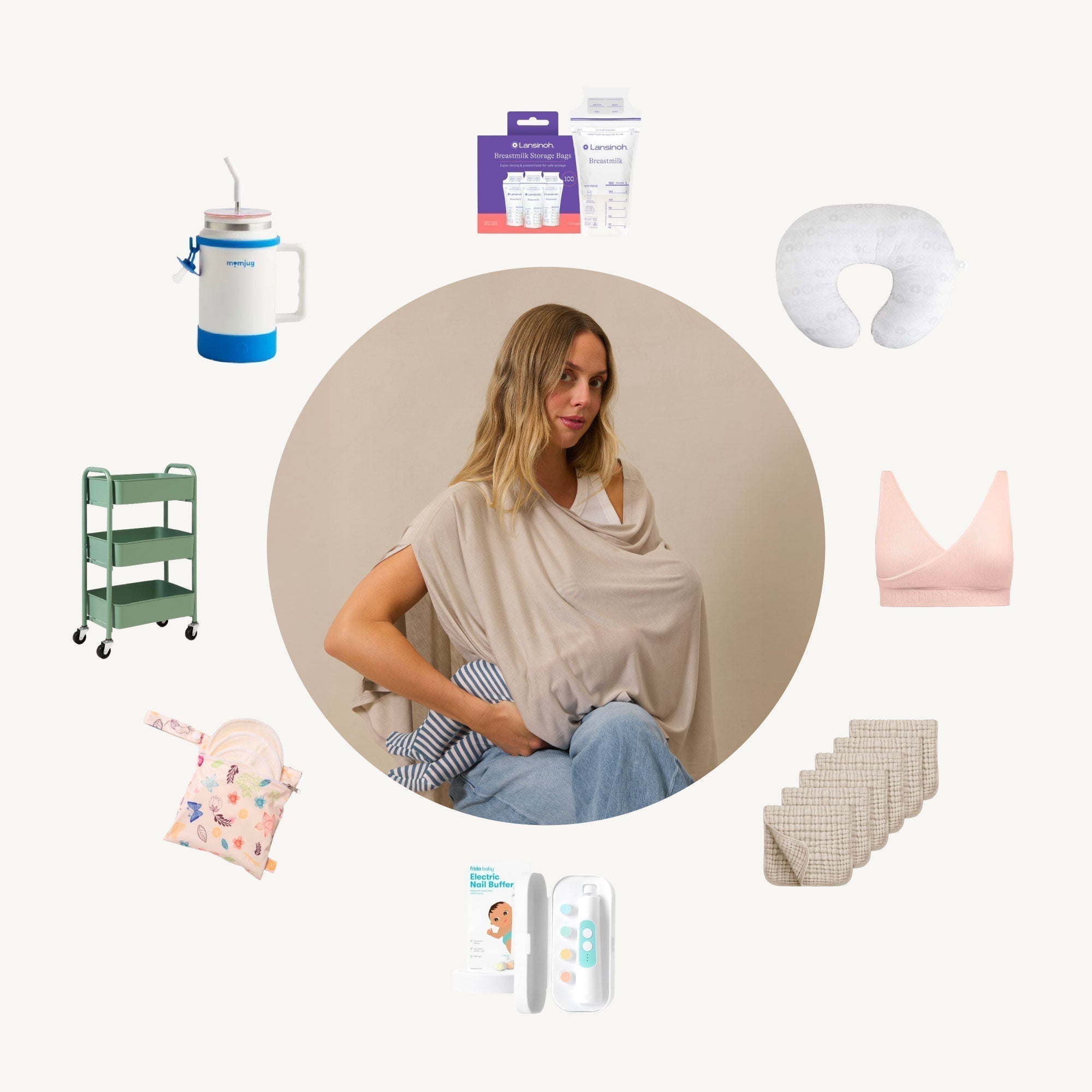 Mom breastfeeding using Solly Baby Nursing Cover in Spelt, surrounded by top breastfeeding registry essentials.