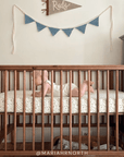 Baby in a crib with strawberry printed sheet and a decorative banner above, featuring the name 'Rudy'.
