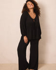 Black Tie-Top Long-Sleeve Women’s Sleep Set