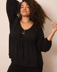 Black Tie-Top Long-Sleeve Women’s Sleep Set