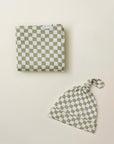 Sage Chequer Swaddle + Hat Set