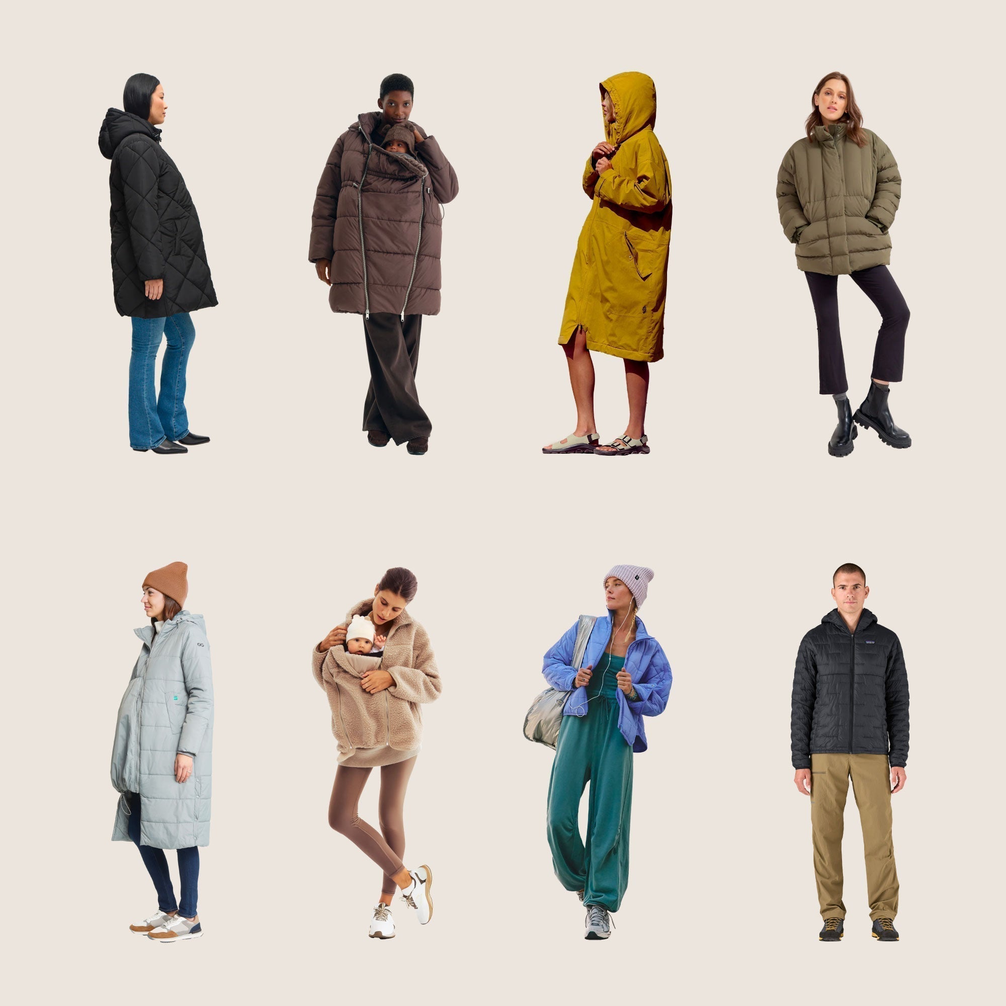 Eight stylish and functional jackets for babywearing, featuring a variety of puffer, parka, and fleece styles that keep parents and babies cozy while wearing a wrap or carrier.