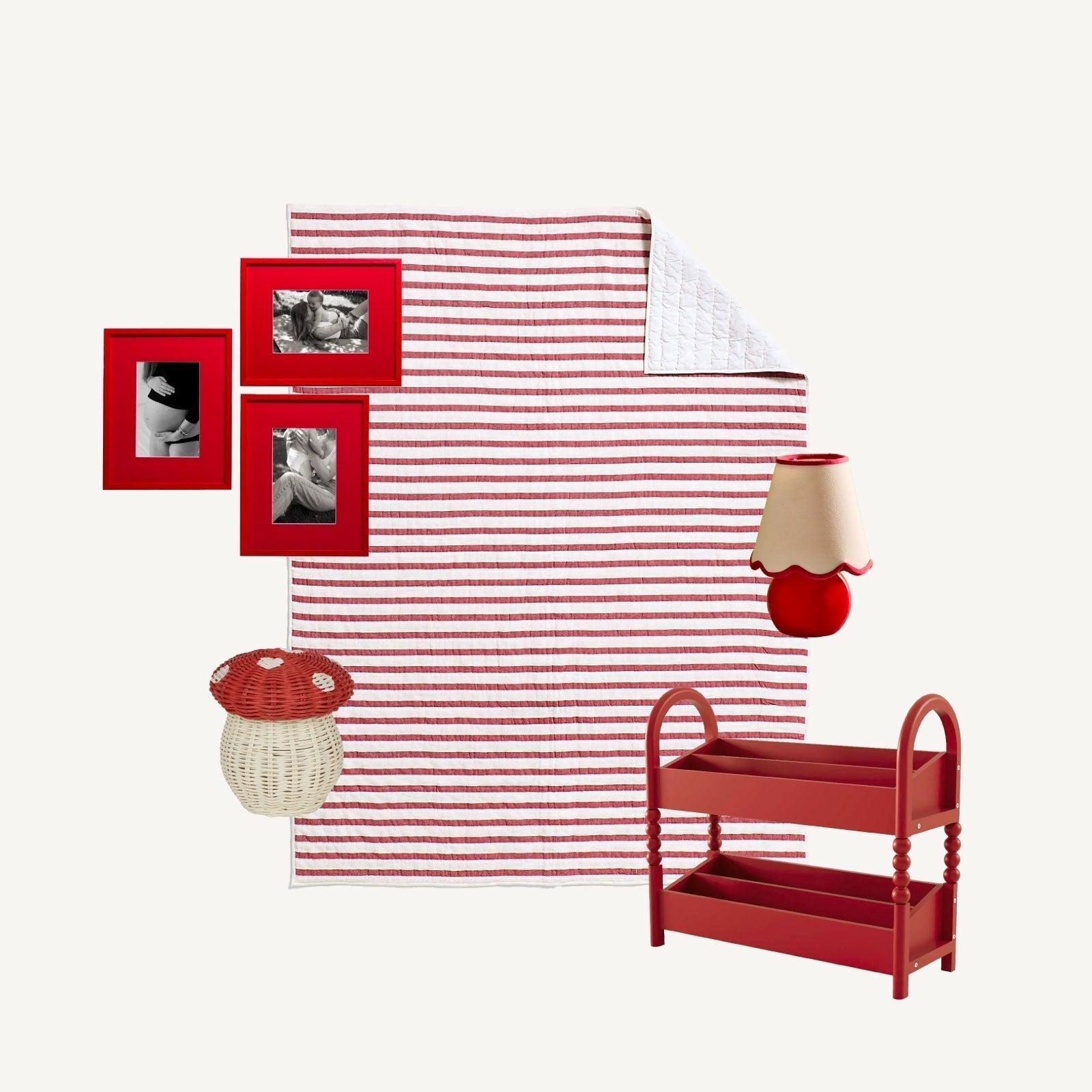Collage of curated nursery decor in red