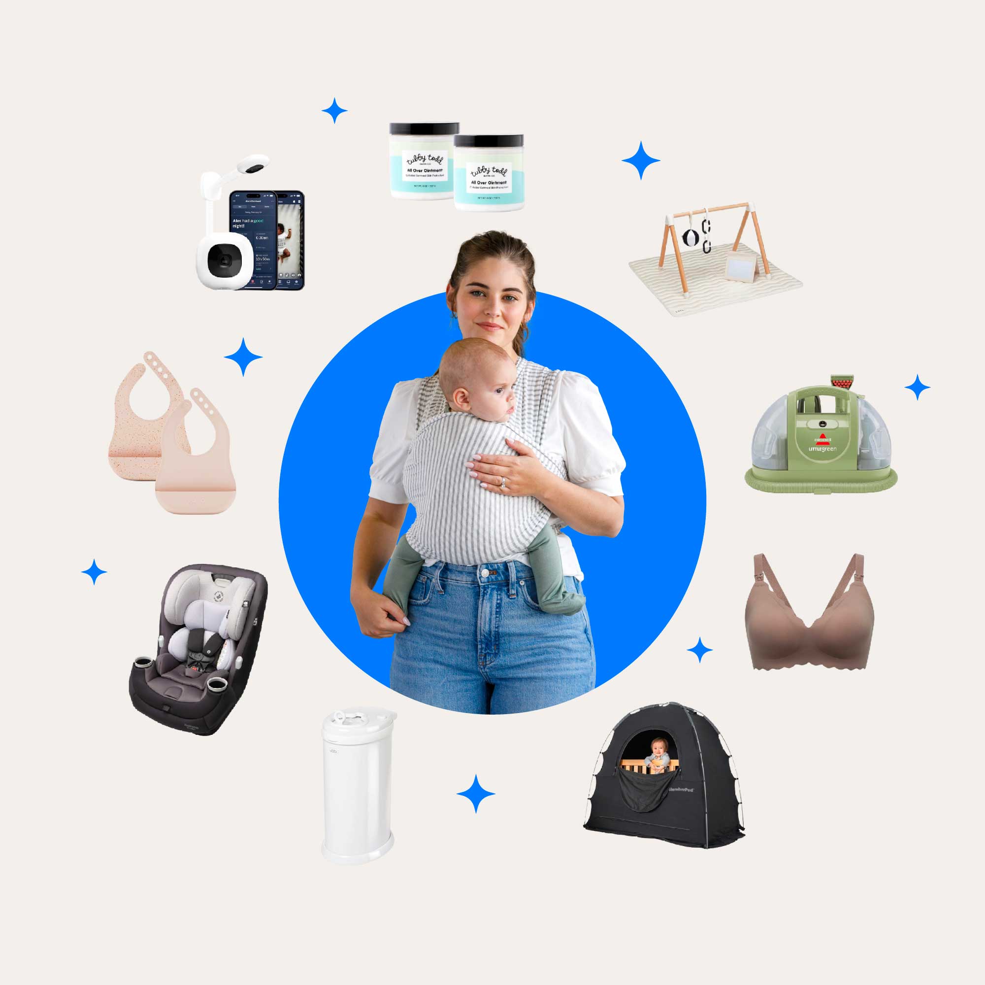 Top Amazon Prime Day 2025 baby essentials with mom and baby wrap surrounded by must-have gear