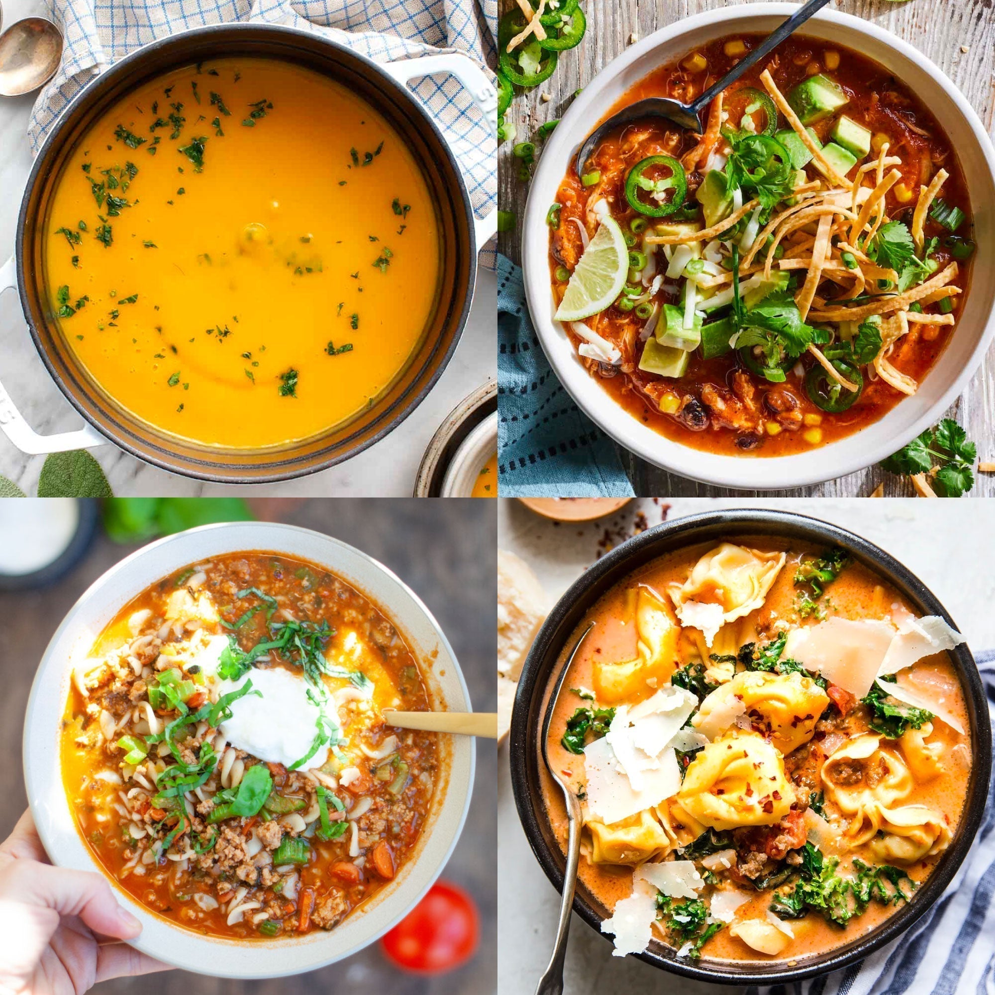 2x2 grid of pictures of various cozy soups for fall