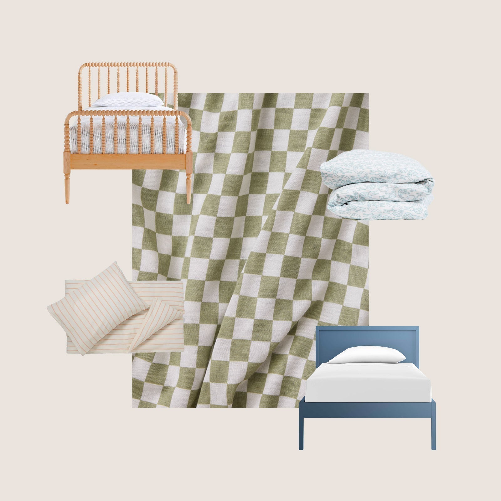 Collage of toddler bedding roundup including 2 twin beds, pillows, duvet, and a swatch of the Sage Chequer Solly Toddler Fitted Sheet