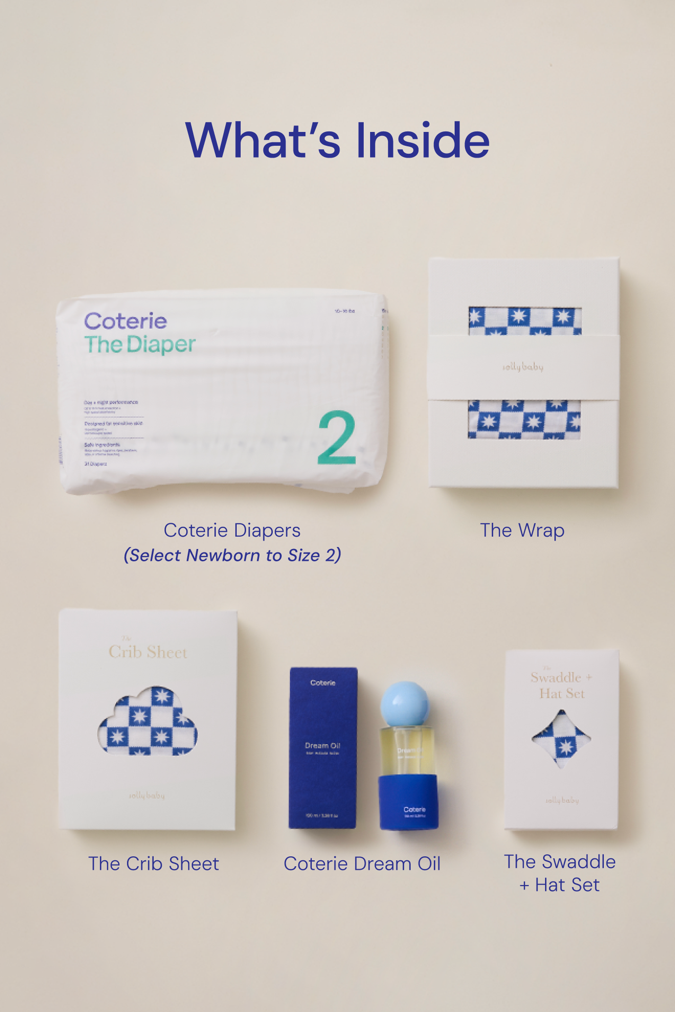 Baby product set with Coterie Diapers, Wrap, Crib Sheet, Dream Oil, Swaddle, and Hat Set on a beige background.