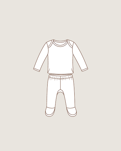 A simple line drawing of a baby clothing set consisting of a long-sleeve top and matching pants, shown on a plain light beige background.