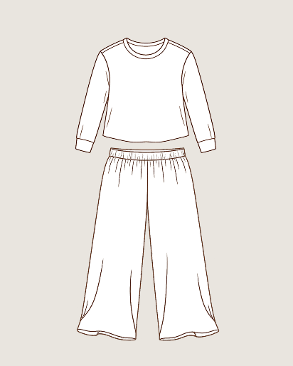 A simple line-art illustration of a two-piece clothing set on a light warm gray background. The set includes a long-sleeve crew neck top and matching wide-leg pants.