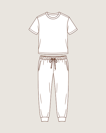 A simple line-art illustration of a matching two-piece outfit: a short-sleeve crew-neck T-shirt and jogger-style pants with an elastic drawstring waist, shown on a light warm gray background.