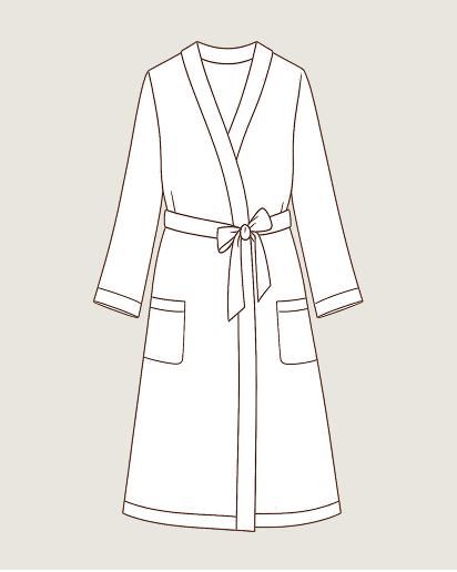 A minimalist line drawing of a long robe with a tie belt and front pockets, centered on a light warm gray background.