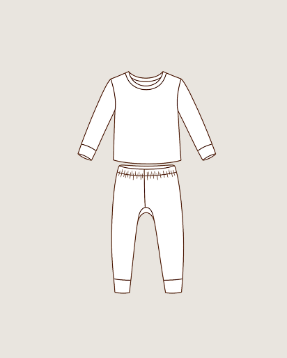 A simple line drawing of a two-piece pajama set on a light warm gray background, consisting of a long-sleeve top and matching pants.
