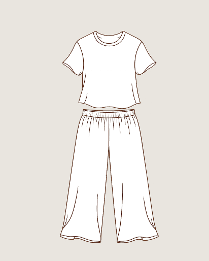 A simple line-art illustration of a two-piece clothing set: a short-sleeve cropped top and matching wide-leg pants, shown on a plain light beige background.