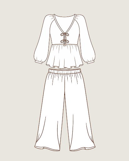 A line-art fashion illustration of a women's two-piece outfit on a plain light beige background. The set includes a long-sleeve peplum-style top with a V-neck and front tie detail, paired with wide-leg pants.