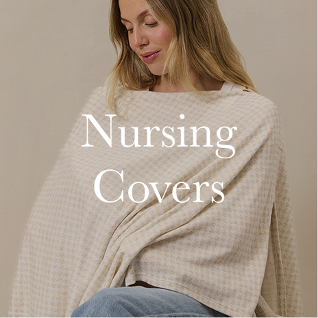 Woman wearing a beige nursing cover with text overlay on a plain background