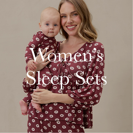 Woman and baby wearing matching maroon sleep sets with text overlay on a beige background