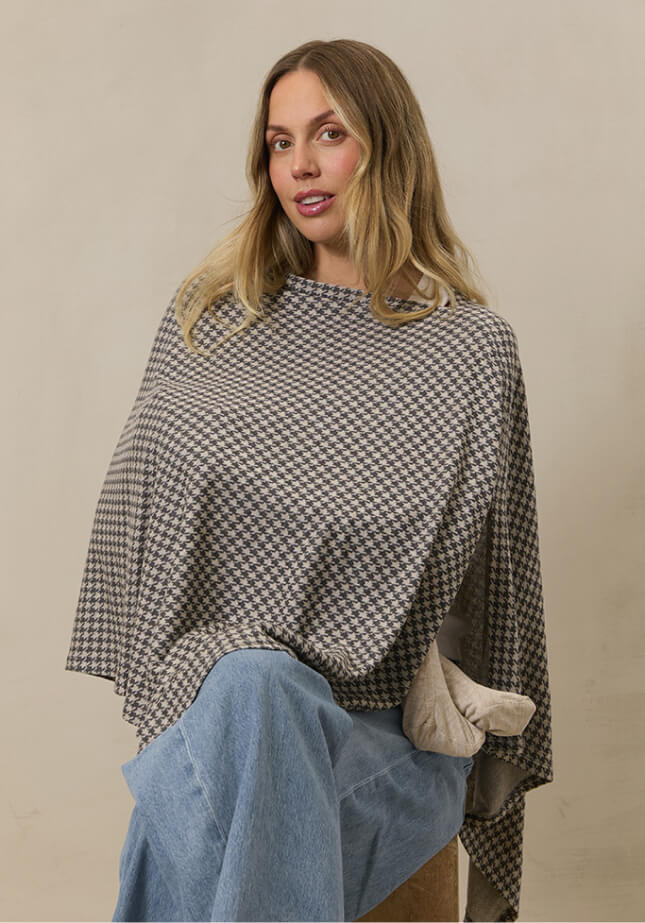 Houndstooth nursing cover providing chic, comfortable coverage for moms on the go.