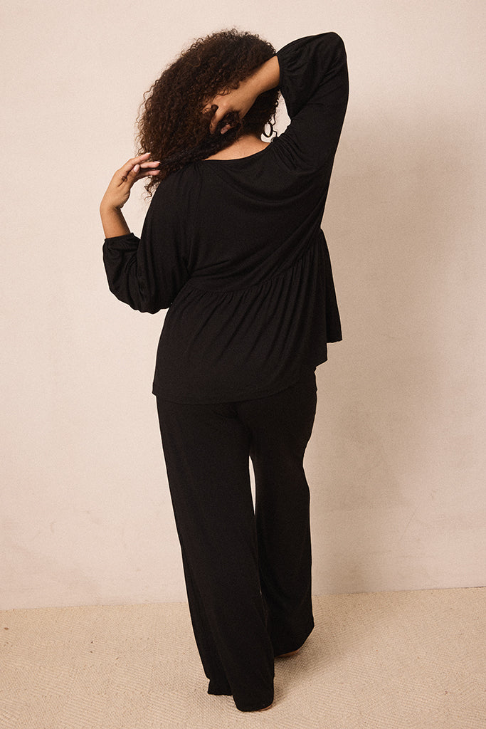 Black Tie-Top Long-Sleeve Women’s Sleep Set
