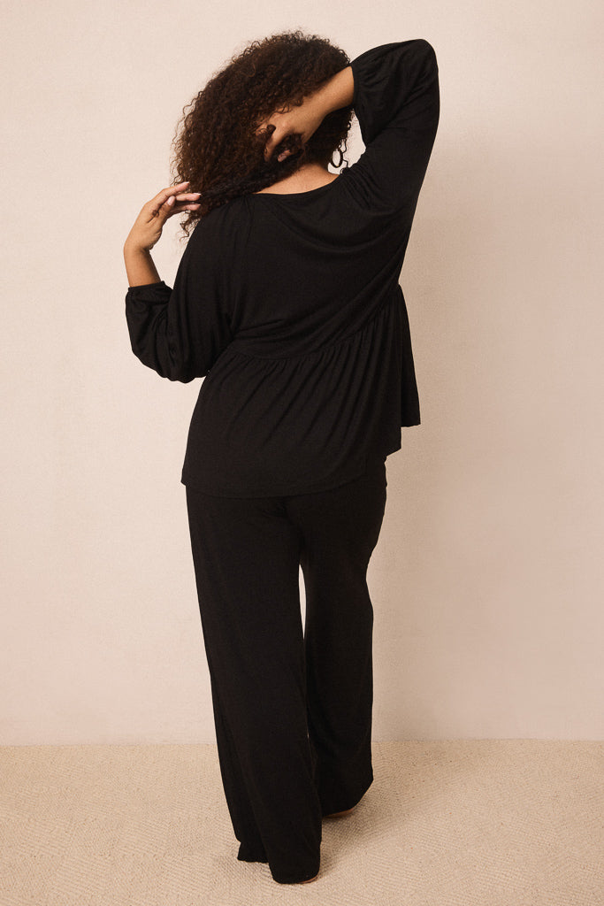 Black Tie-Top Long-Sleeve Women’s Sleep Set