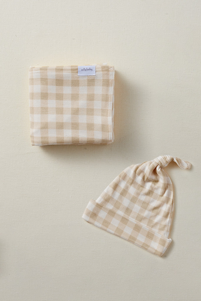Creamy Gingham Swaddle + Hat Set