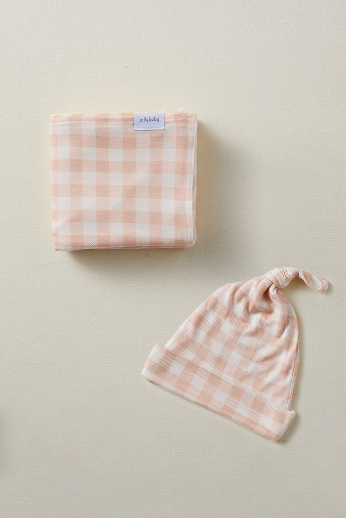 Rosebud Gingham Swaddle + Hat Set